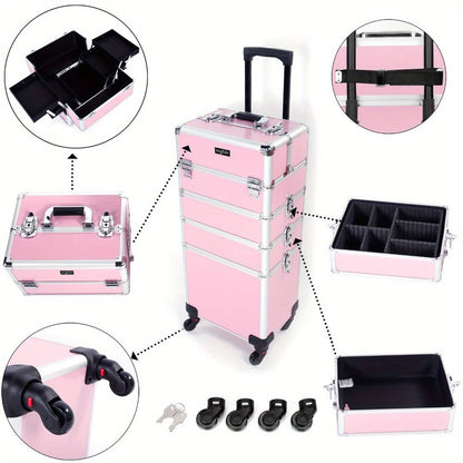 Four-Section Rolling Makeup Train Case with Removable Stack, Telescoping Handle and Four Color Finishes