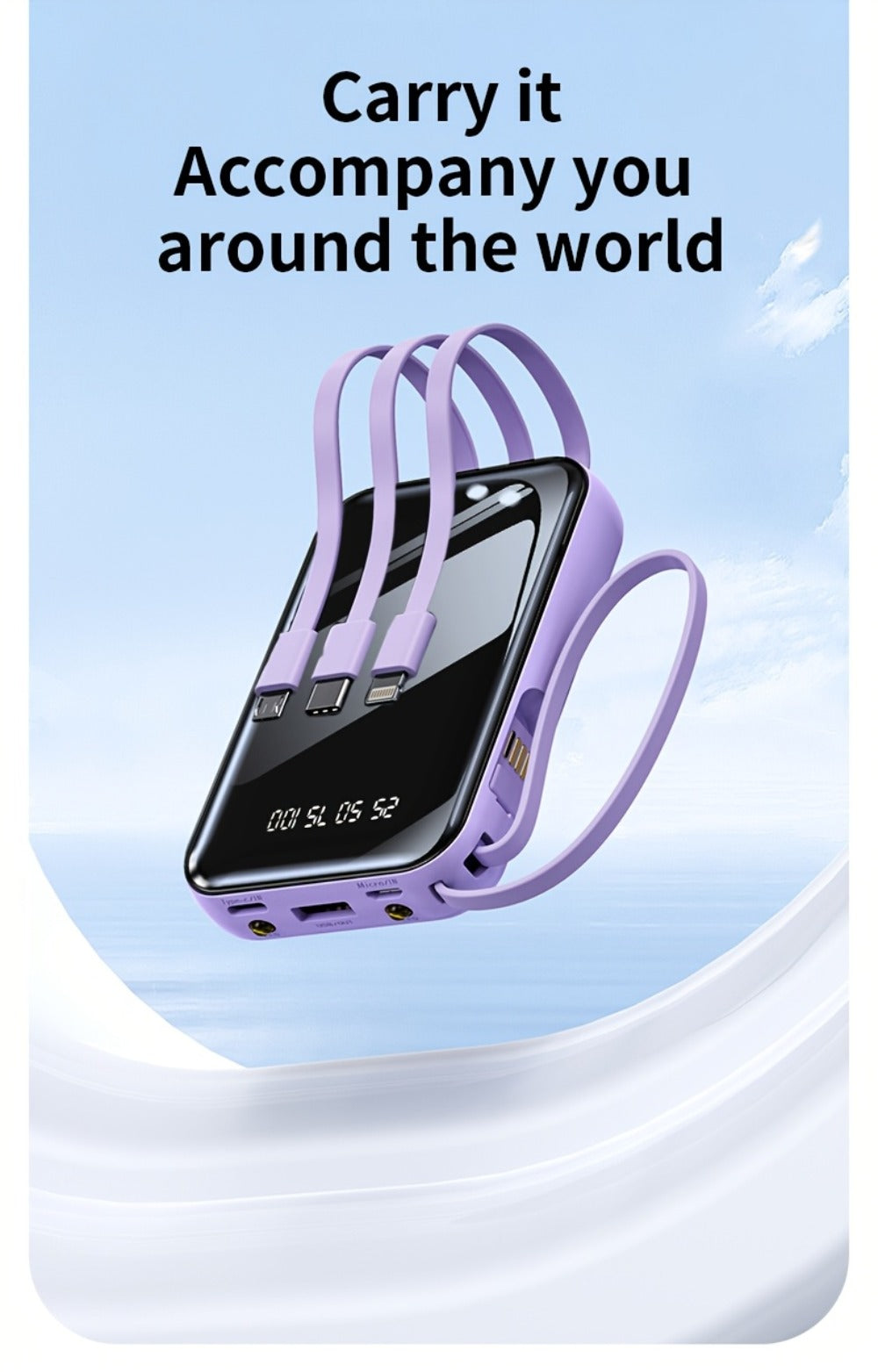 Power Bank 50000mAh 22.5W with Four Built-In Cables, Digital Display and LED Flashlight in Black or Purple
