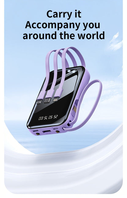Power Bank 50000mAh 22.5W with Four Built-In Cables, Digital Display and LED Flashlight in Black or Purple
