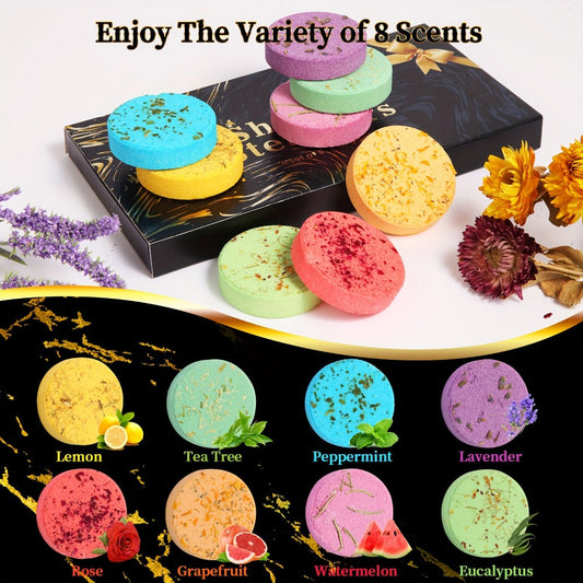 Shower Steamers 8 Pack with Essential Oils - Aromatherapy Shower Tablets 30g, 8 Scents Lavender Eucalyptus Rose Peppermint, Stress Relief Self Care Spa Gift for Women & Men