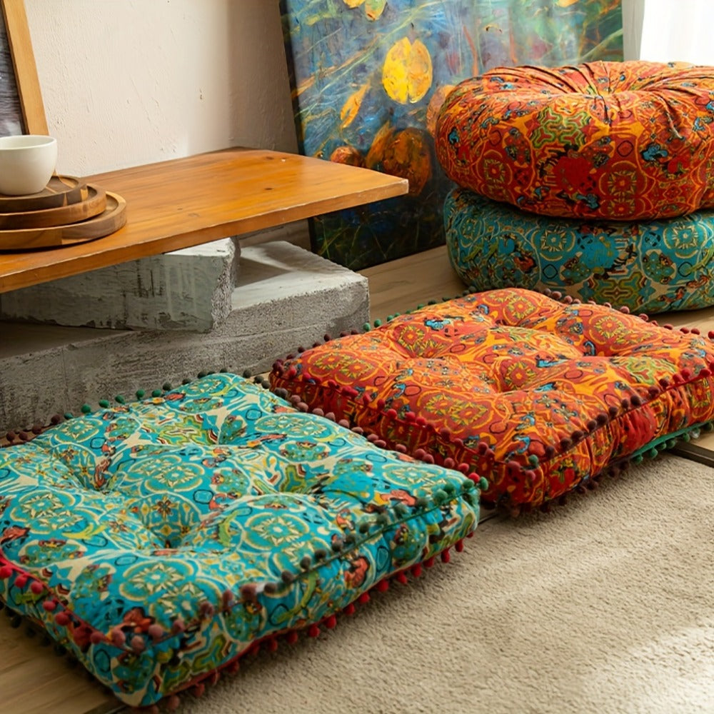 Moroccan Boho Chair Cushion Seat Pad with Cover Fiberfill Stuffed Bohemian Floor Cushion for Outdoor Indoor Chairs Benches Living Room Bedroom Hand Washable Decor