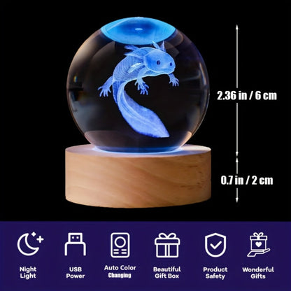 Night Light 2.36-Inch Axolotl Crystal Orb Lamp with Color-Changing LED, USB Power and Wood-Tone Round Base