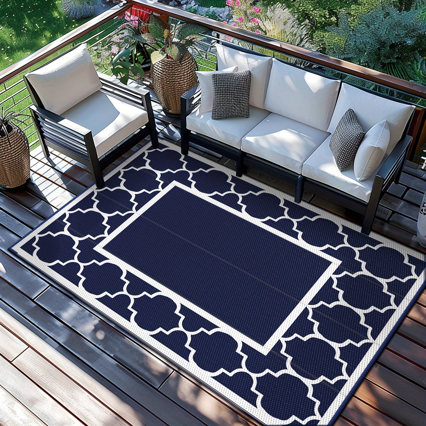 Reversible Outdoor Rug in Multiple Geometric, Border and Leaf Patterns with Displayed Sizes from 5 x 8 to 9 x 12 Feet