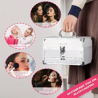 Silvery Makeup Kit Gift Box with Mirror Lipstick Eyeshadow & Blush – Multi-Functional Portable Complete Beauty Cosmetic Set for Teens Beginners Women Multiple Shades