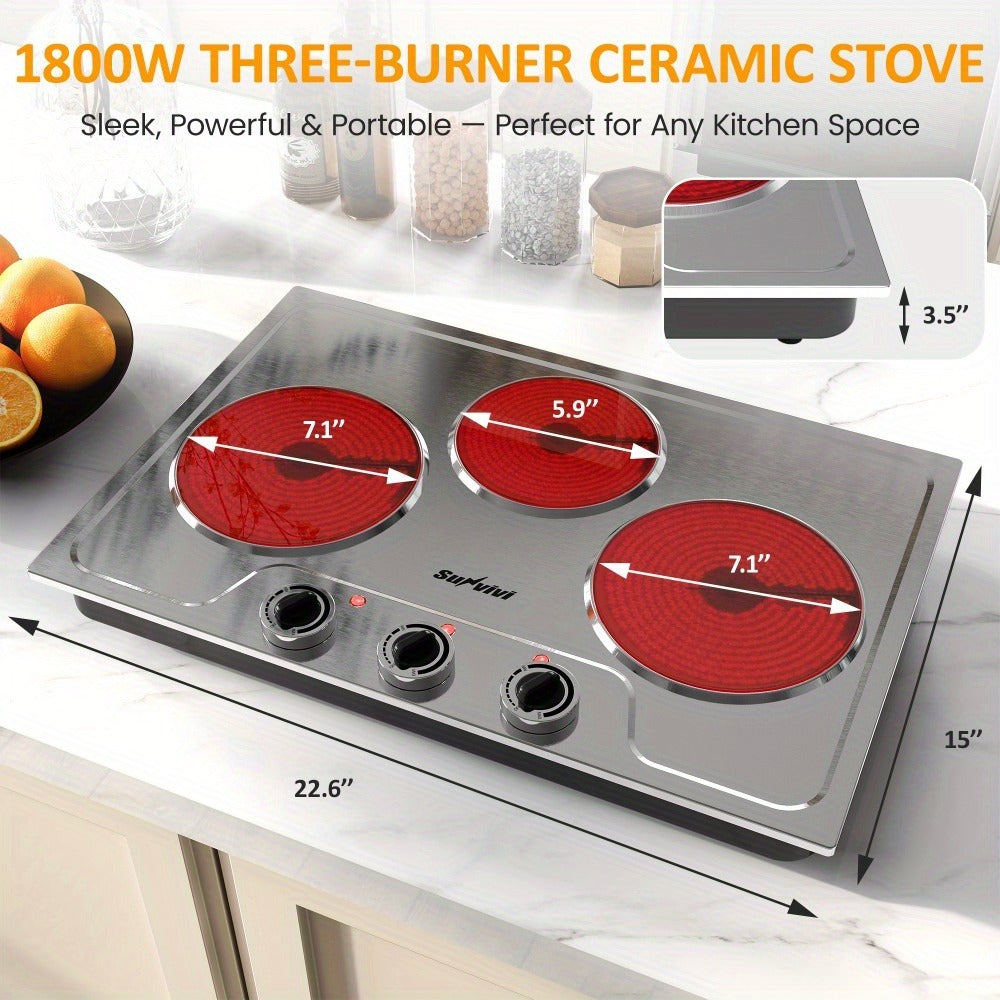 Portable Electric Cooktop Triple Burner 1800W – Royalcraft Countertop Electric Stove with Knob Control, Indicator Light, Compatible with All Cookware, Silver