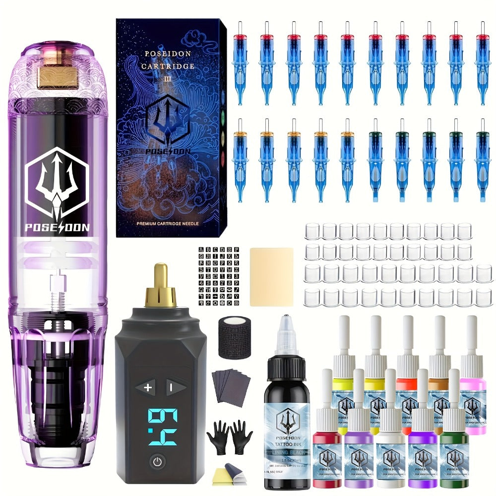 Tattoo Machine Kit POSEIDON TK039 Cordless Rotary Pen with LED Display, 20 Cartridges, 10 Inks and Practice Supplies
