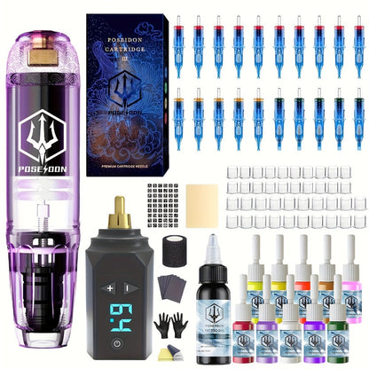 Tattoo Machine Kit POSEIDON TK039 Cordless Rotary Pen with LED Display, 20 Cartridges, 10 Inks and Practice Supplies