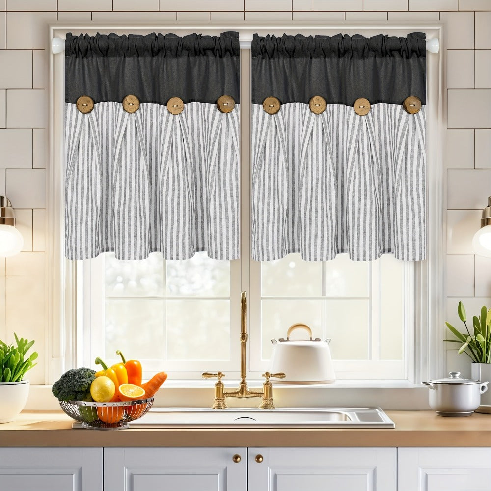 Striped Patchwork Window Curtain Set with Rod-Pocket Top, Six Colors and Five Panel-Count or Size Options
