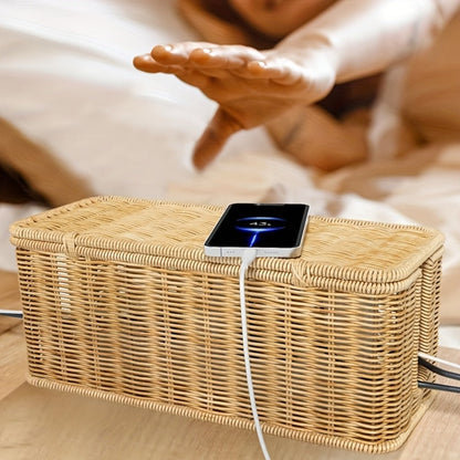 Woven Rattan-Look Cable Management Box with Hinged Lid and Pictured 34.1 cm Exterior Length