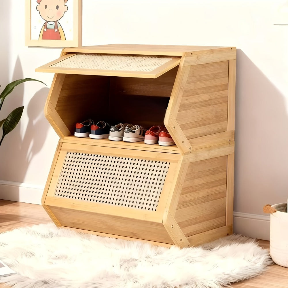 Shoe Rack Bamboo Freestanding Organizer with Flip Drawer, Stackable Design and 27.5 or 33.85-Inch Width