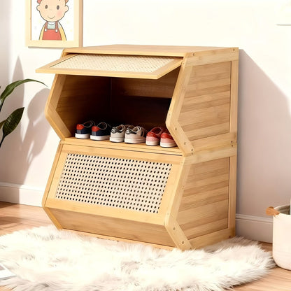 Shoe Rack Bamboo Freestanding Organizer with Flip Drawer, Stackable Design and 27.5 or 33.85-Inch Width