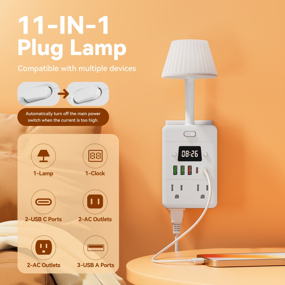Power Strip Desktop Station with LED Clock, Desk Lamp, 4 AC Outlets, 3 USB-A, 2 USB-C and Master Switch