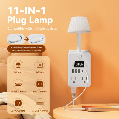 Power Strip Desktop Station with LED Clock, Desk Lamp, 4 AC Outlets, 3 USB-A, 2 USB-C and Master Switch