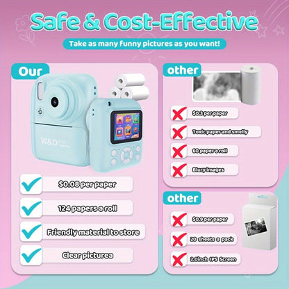 Kids Instant Print Digital Camera 1080P with 2.4" Screen, 3 Rolls Print Paper & 32GB Card – Cute Photo Camera Gift for Girls & Boys Ages 3-12, Pink / Blue