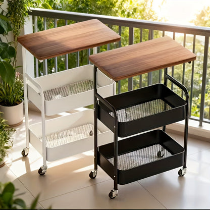 Three-Tier Rolling Storage Cart with Wooden Tabletop, Reinforced Black Frame and Locking Casters