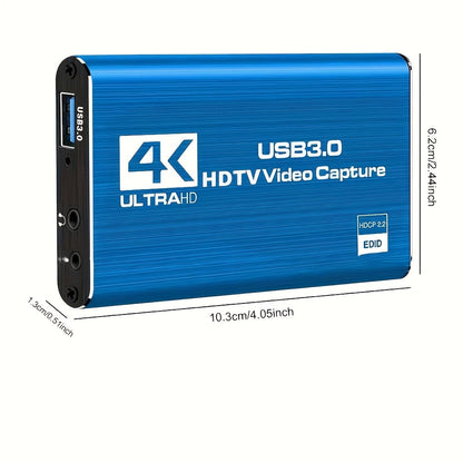 4K USB 3.0 Video Capture Card - 1080P 60fps HD Recorder, 4K UHD 60Hz Input, Compatible with OBS Live Game Streaming, Plug and Play for PC Mac PS5 Xbox Switch
