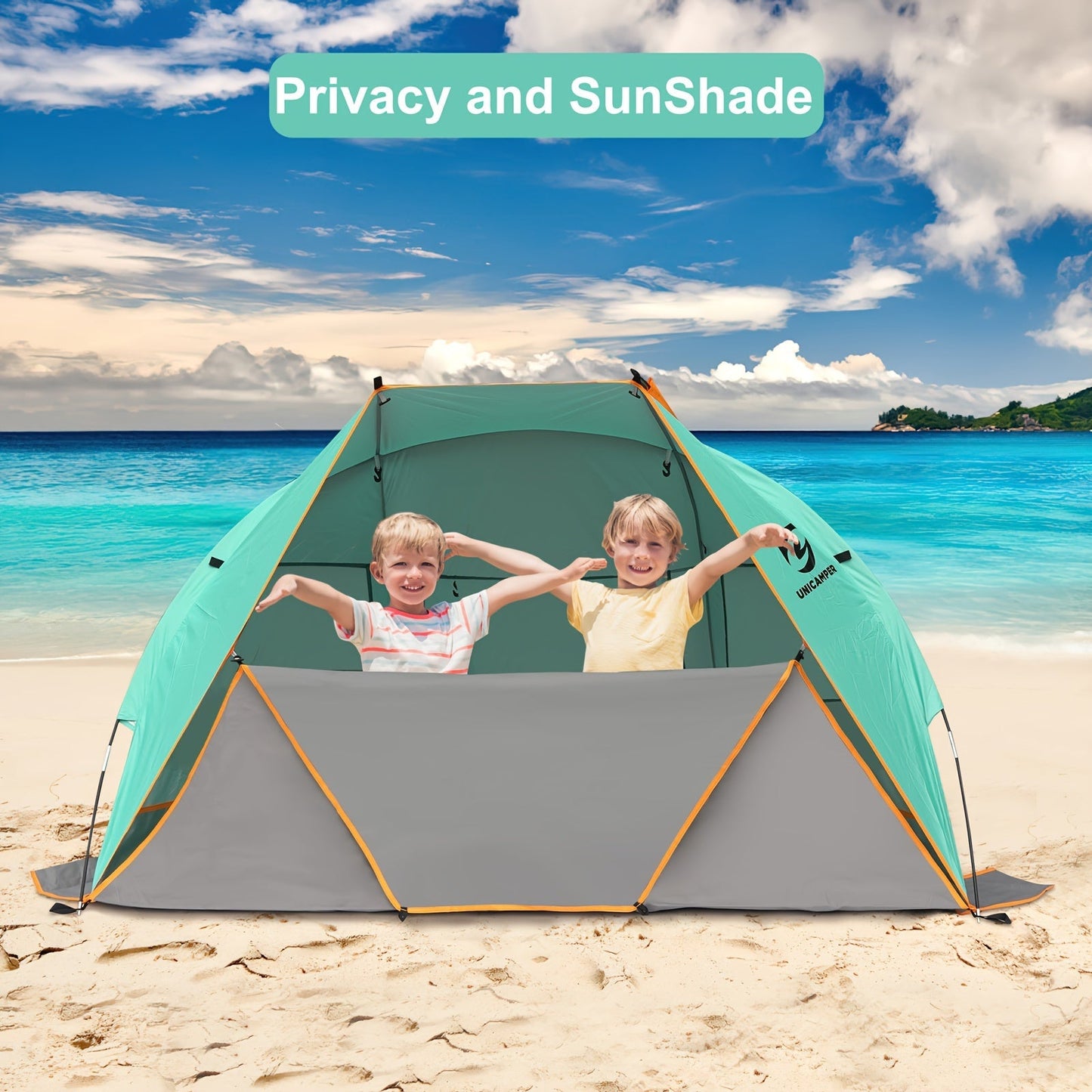 Three-Window Beach Sun Shelter with Extended Floor, 12 Stakes and Green or Blue Options Pictured