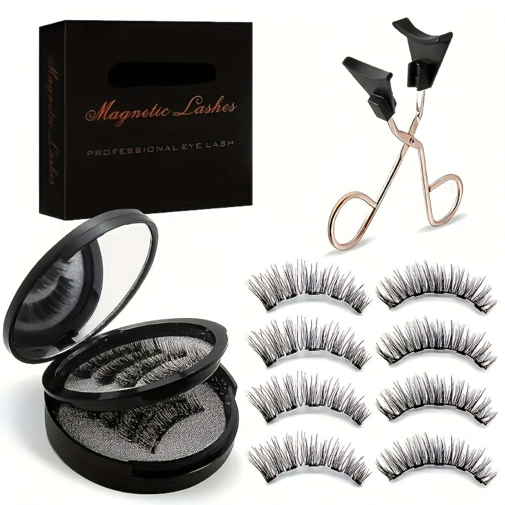 Magnetic False Eyelashes Kit with Eight Pairs, Round Storage Case and Metal Applicator Clip