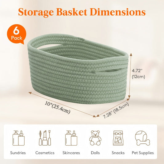Basket Storage Organizer 6-Pack Cotton Rope Cube Bins 11 x 7 x 5 Inch in Five Color Options