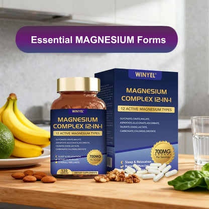 Magnesium Complex 700mg 12-in-1 120 Capsules with Glycinate, Citrate, Malate & Taurine for Sleep, Mood, Nerve, Heart & Muscle Function Support for Men & Women