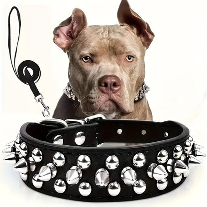 Rivet-Studded Dog Collar and Matching Leash Set with Metal Buckle, Five Colors and XS–XXL Sizing