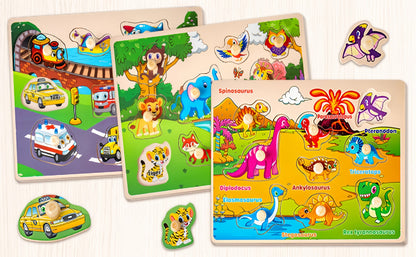 Six-Board Wooden Peg Puzzle Set with Metal Storage Rack and Scene or Animal Theme Checkout Options