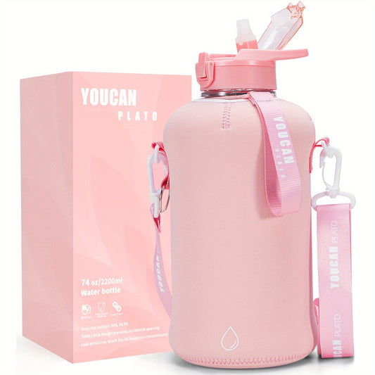 74oz Half Gallon Water Bottle with Straw & Handle – Large BPA-Free Leakproof Gym Water Jug with Sleeve & Bottle Brush, Dishwasher Safe Workout Hydration Bottle – Pink & Star Color