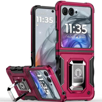 Motorola Razr 2024 Case Defender Metal Magnetic Ring Stand Hybrid Cover – Heavy Duty Shockproof TPU PC Armor with Kickstand & Magnetic Car Mount Compatibility