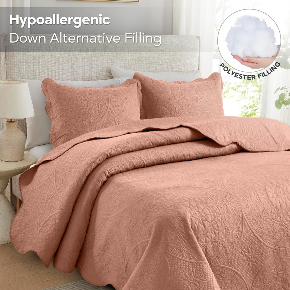 Quilted Bedspread Set 3 Piece – Soft Floral Coverlet with Pillow Shams, Lightweight Breathable Quilt for Bedroom & Guest Room, All Season Bed Cover