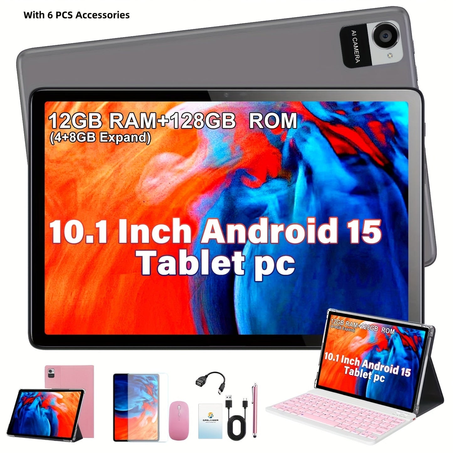 CRELANDER 10.1 Inch Android 15 Tablet 2-in-1 with Wireless Keyboard, Mouse, Case & Stylus | 128GB ROM 12GB RAM 1TB Expandable, Quad Core, Dual Camera, 2.4+5G Wi-Fi, IPS HD Display, GMS Certified