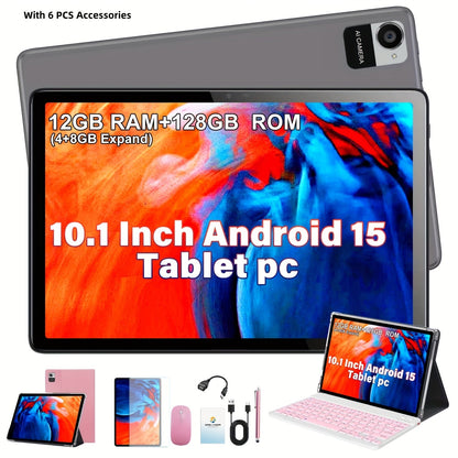 CRELANDER 10.1 Inch Android 15 Tablet 2-in-1 with Wireless Keyboard, Mouse, Case & Stylus | 128GB ROM 12GB RAM 1TB Expandable, Quad Core, Dual Camera, 2.4+5G Wi-Fi, IPS HD Display, GMS Certified