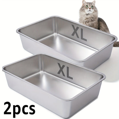 2-Pack Stainless Steel Cat Litter Box Pans with Open-Top Rectangular Design in M, XL or XXL Sizes