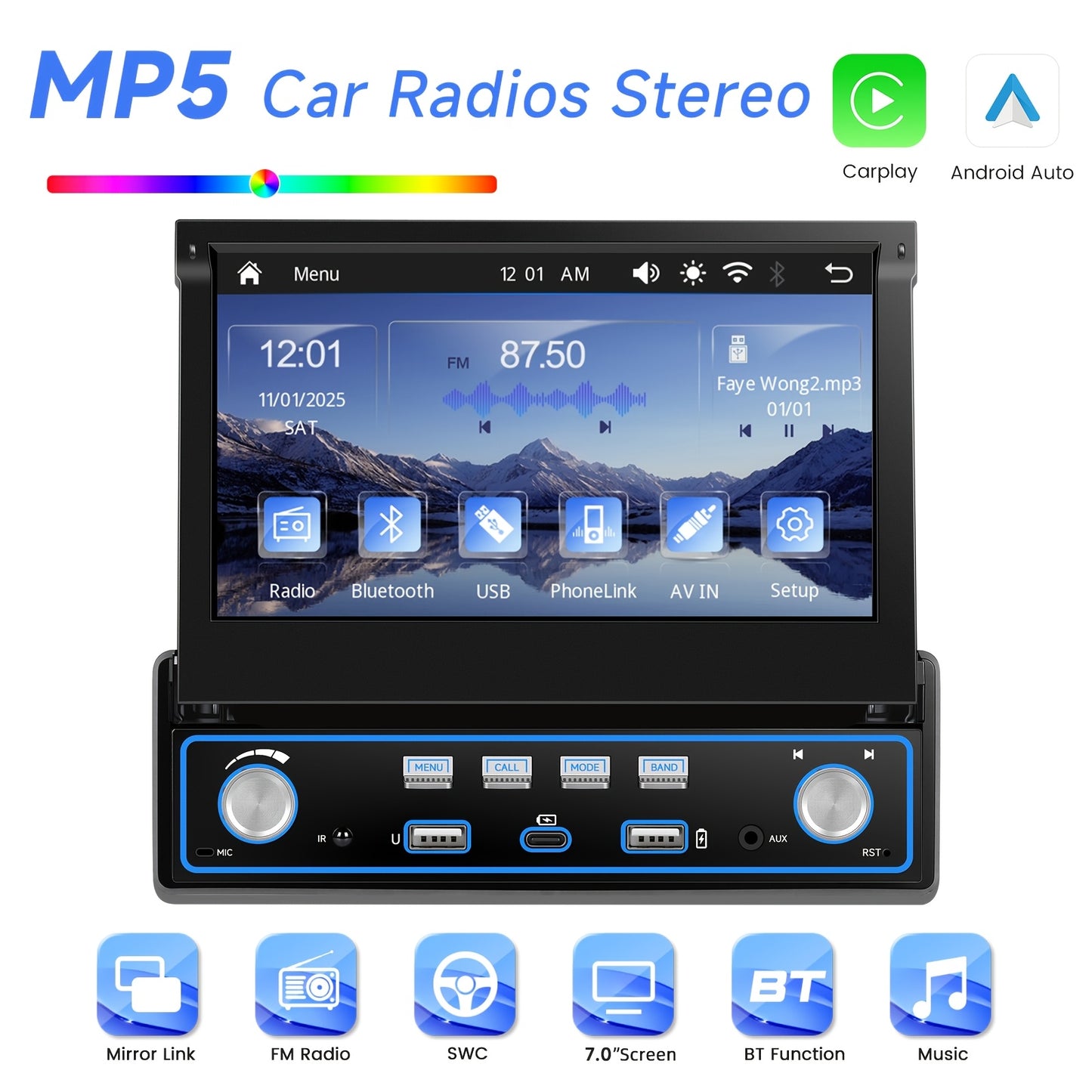 Single Din Car Stereo 7 Inch Flip Out Touchscreen - Wireless CarPlay & Android Auto, 1080P HD, FM Radio, SWC, Voice Control, USB/Type-C/AUX, Backup Camera Compatible