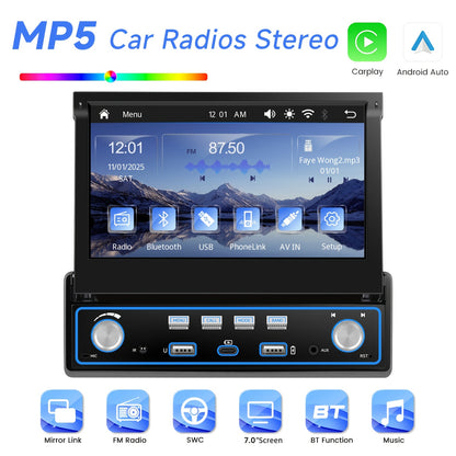 Single Din Car Stereo 7 Inch Flip Out Touchscreen - Wireless CarPlay & Android Auto, 1080P HD, FM Radio, SWC, Voice Control, USB/Type-C/AUX, Backup Camera Compatible