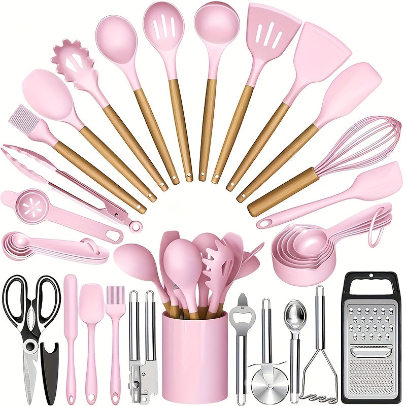 35- or 36-Piece Silicone Kitchen Utensil Set with Holder in Black, Pink or Red, with Optional Glass Cup