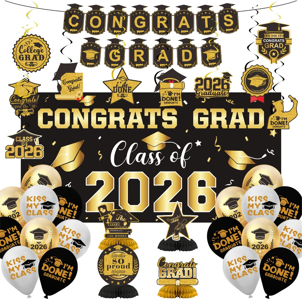 Party Decorations Class of 2026 Graduation Set with Backdrop, Banner, Swirls and Table Pieces in Five Colors
