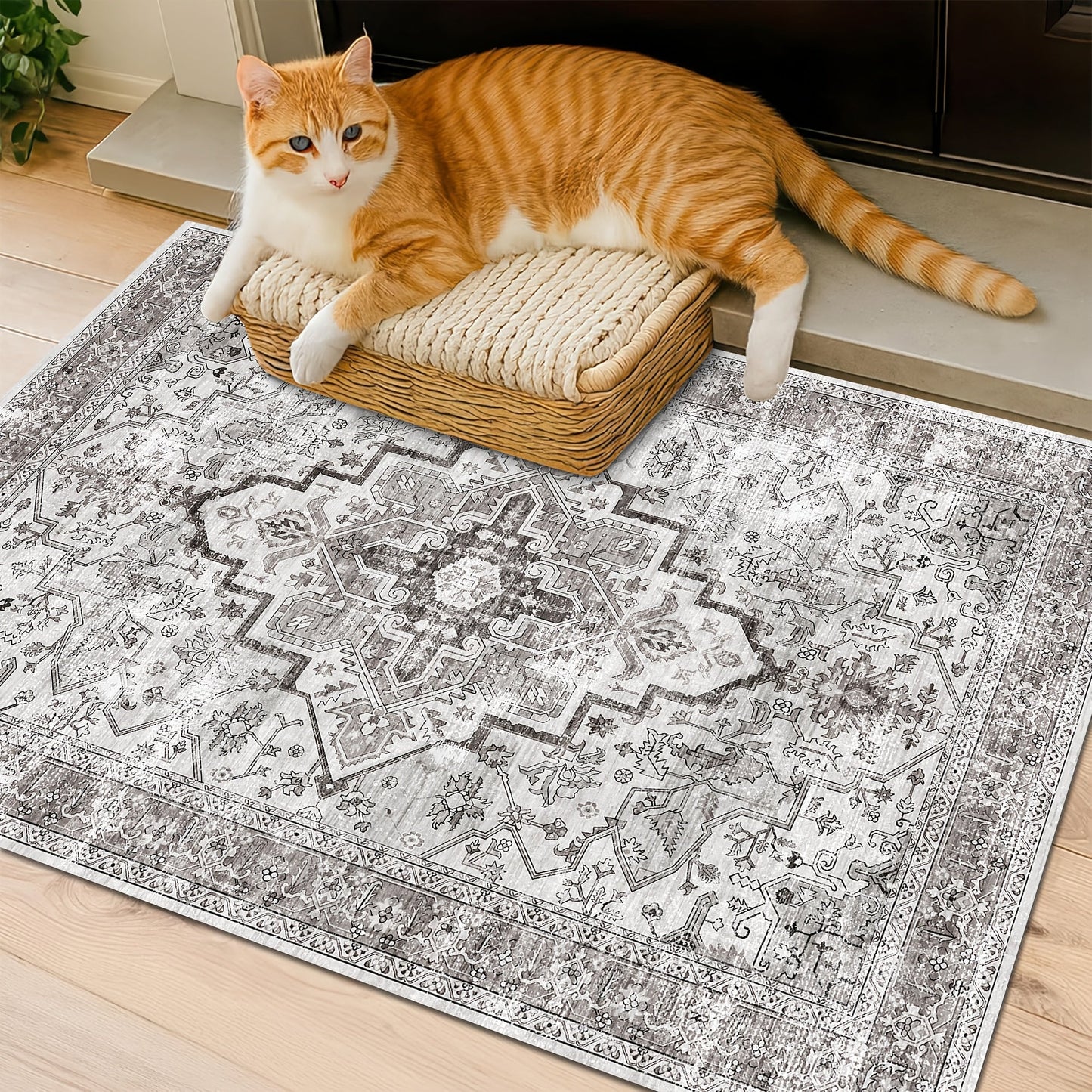 Area Rug Bohemian Retro Design in Beige or Grey with Six Foldable Machine-Washable Room Sizes