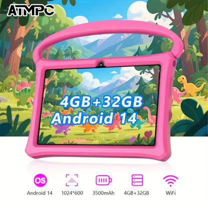 Kids Tablet 7 Inch with Android 14, 4GB RAM, 32GB Built-In Storage, HD Touchscreen and Silicone Case
