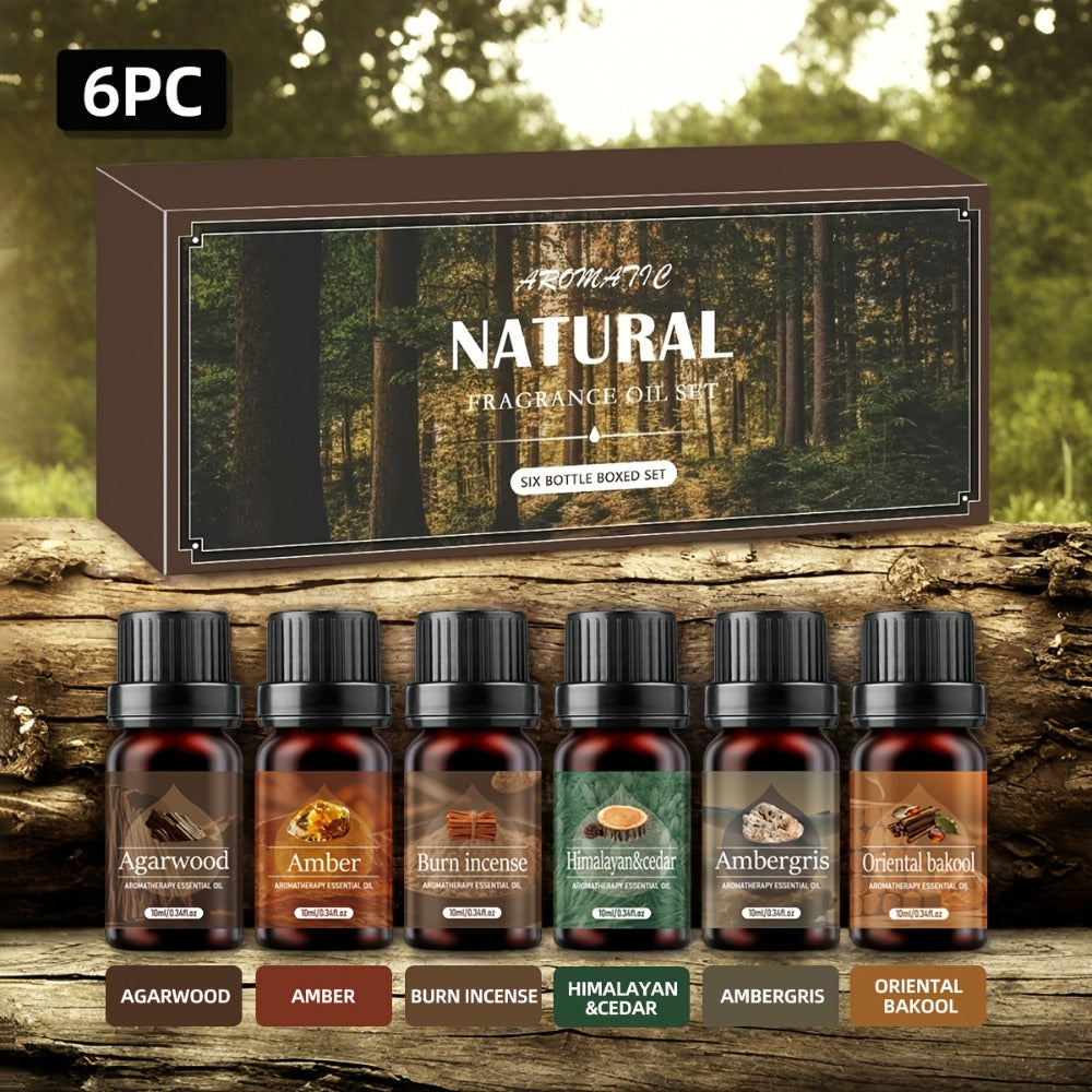 6-Bottle Woody Fragrance Oil Set with Agarwood, Amber, Incense, Cedar, Musk and Other Listed Scent Blends