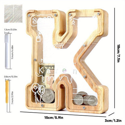 Alphabet Wooden Money Bank with Clear Front Panel, Coin Slot and A-to-Z Letter Options for Adults