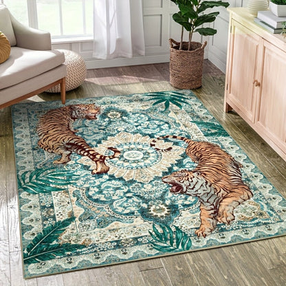 Area Rug, Tiger and Jungle Forest Print Ultra-Thin Indoor Carpet in Three Colors with Machine-Wash Care