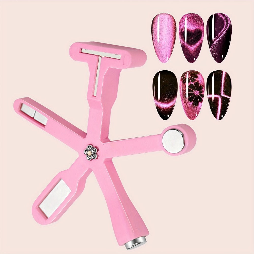 Three-Piece Cat-Eye Nail Magnet Tool Set with Pink Six-Arm Pattern Wheel, Double-Ended Pen and Bar Magnet