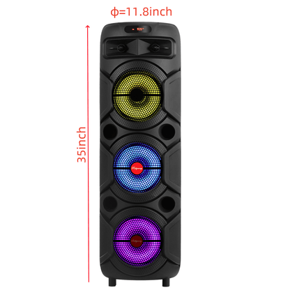 Triple 8-Inch Subwoofer PA Party Speaker with Wireless Stereo Pairing, LED Color Lights, FM Radio, USB & TF Playback, Wired Mic, Home Theater Sound System for Parties, Outdoors & Events