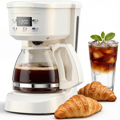 Five-Cup Programmable Drip Coffee Maker with Glass Carafe, Reusable Filter and Black or White Finish