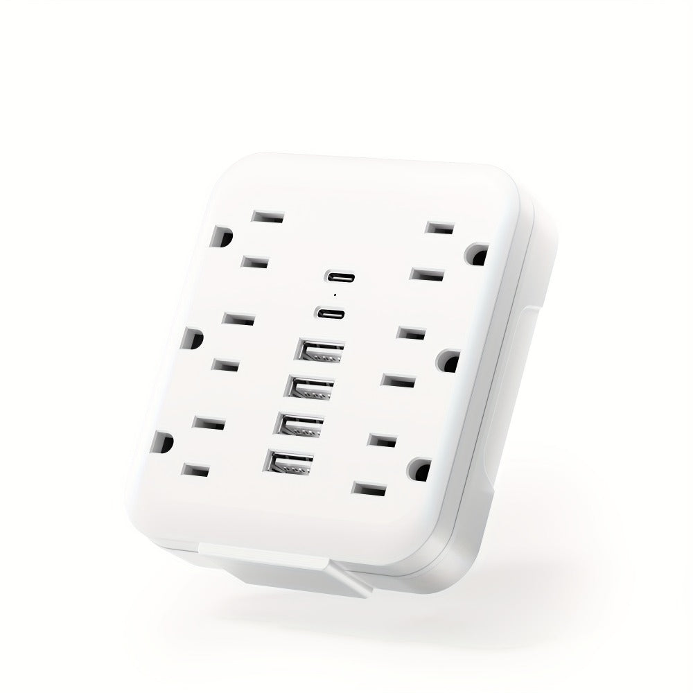Power Strip Bedside Wall Extender 12-in-1 with 6 AC Outlets, 4 USB-A, 2 USB-C and Cord-Free Plug-In Design