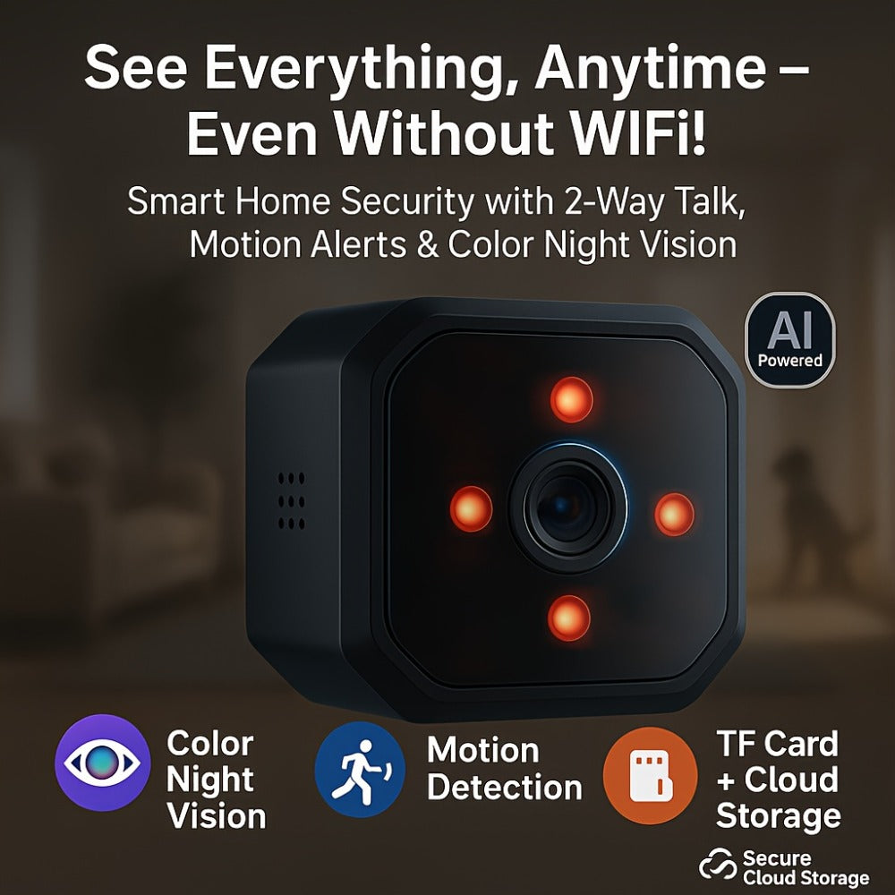 Security Camera Mini Plug-In Black Model with Night Vision, Motion Alerts, Flexible Stem and Local TF Storage