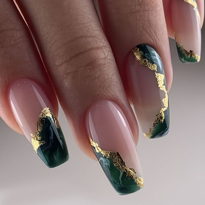 Press On Nails 144-Piece Medium Coffin Set with Blue Marble, Sequins and Included Nail Glue