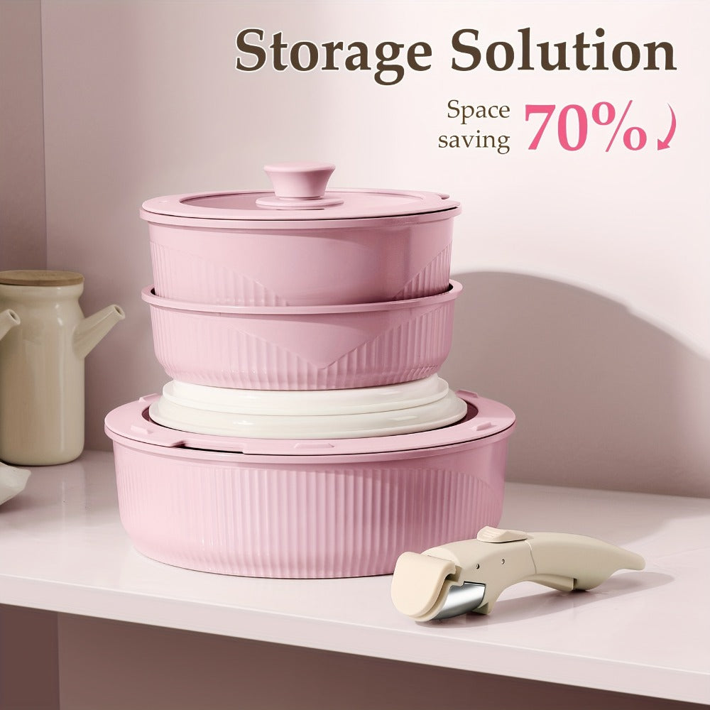 Detachable-Handle Cookware Set in 5-, 7- or 24-Piece Configurations with Stackable Pots, Pans and Lids