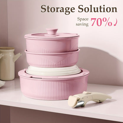 Detachable-Handle Cookware Set in 5-, 7- or 24-Piece Configurations with Stackable Pots, Pans and Lids