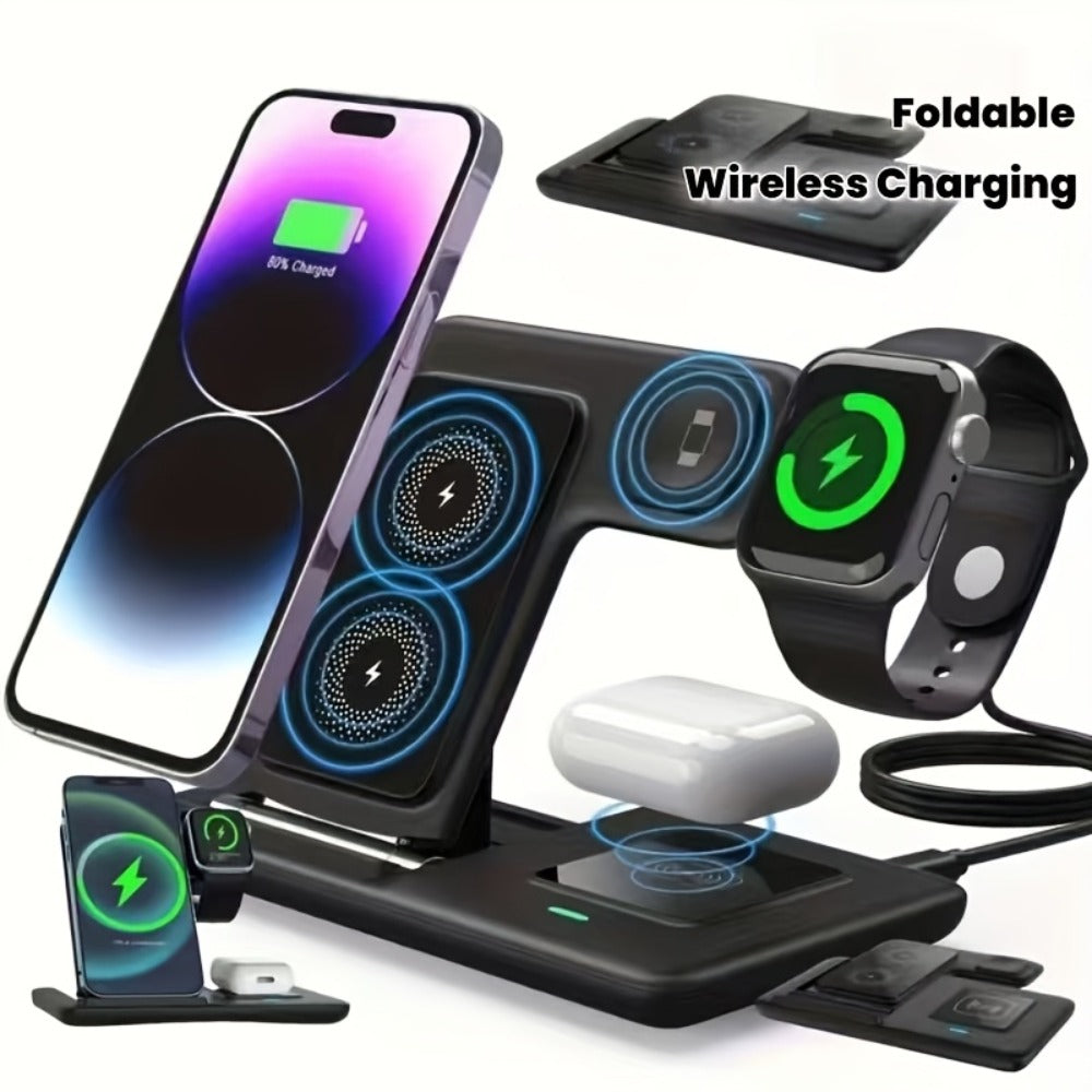 3-in-1 MagSafe Wireless Charging Station 15W Fast Charger – Foldable HS BS Style Stand for iPhone 16 15 14 13 12 Pro Max, Apple Watch Ultra Series 9 8 7 & AirPods 3 2 Pro, Desk Bedside Nightstand